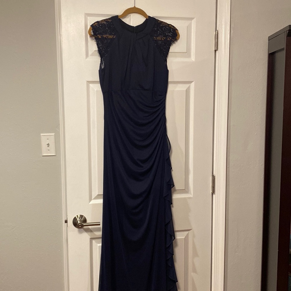 Betsy Adam NWT floor length navy high neck dress. Size 12